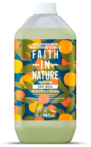 Faith In Nature Gel Douche Naturel au Pamplemousse et à l’Orange, Énergisant, Végan et Non Testé sur les Animaux, Sans SLS ni Parabènes, Recharge 5 L