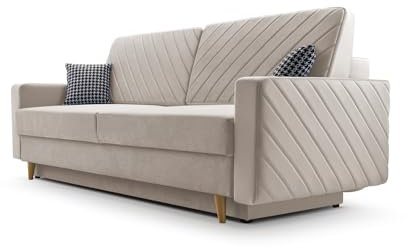 Sofa aus Samtstoff mit Schlaffunktion und Bettkasten Couch für Wohnzimmer Schlafsofa Sofagarnitur Polstersofa Wohnlandschaft mit Bettfunktion Velours 230x100x85cm - CALIFORNIA - Beige (Paros 02)