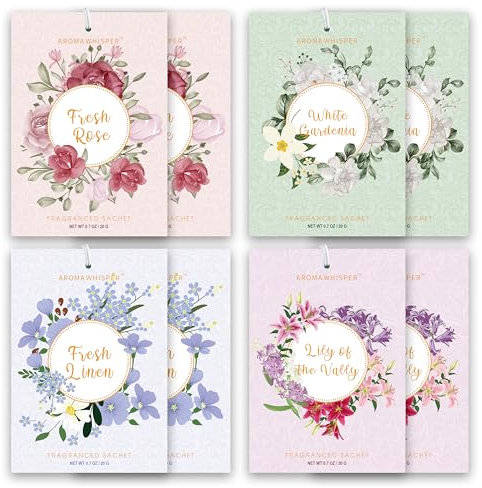 4 Scents Large Scented Sachets - 8 Pack, Long-Lasting Home Fragrance Sachet Bags, Extra Large Fresh-Scented Packets, Sachets for Drawer and Closet (Rose Gardenia Linen Lily)