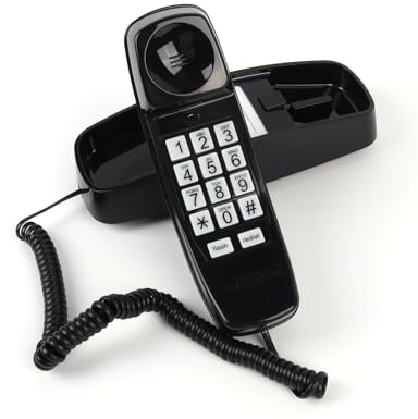 MCHEETA - Fast väggtelefon, kabel, hög volym, blinkande ljus och stor knapp, dator och väggmonterad analog telefon, svart