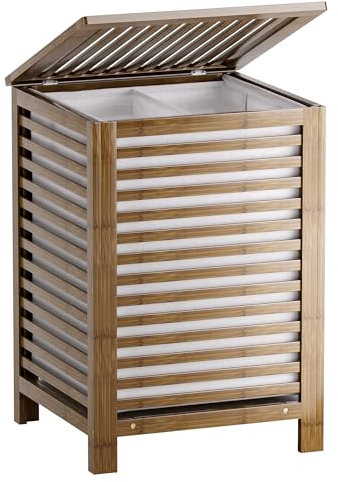 SMIBUY Double Laundry Hamper with Lid, 120L Bamboo Laundry Basket with Removable Liner Bag, 2-Section Clothes Divider Laundry Sorter for Laundry Room, Bathroom, Bedroom (Walnut)