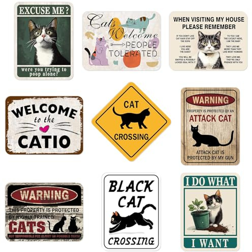 WERNNSAI Cat Wall Decor - 9 PCS Funny Kitten Warning Poster Unframed Prints Cat Welcome Door Signs for Home Wall Decorations