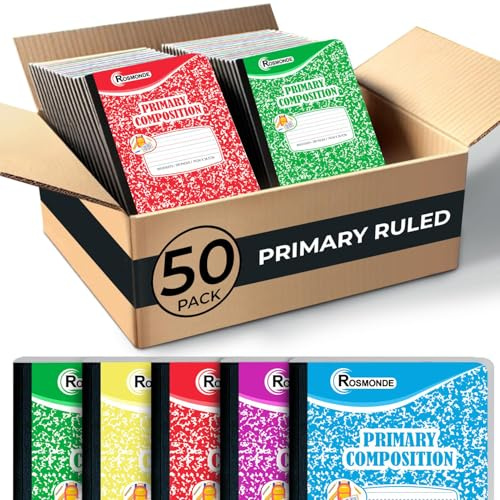 Rosmonde Composition Notebook Bulk, 50 Pack, K-2 Primary Ruled, 200 Pages (100 Sheets), Drawing and Writing Primary Journal For Kids, Grades K-2, Bulk School Supplies, Hard Cover With Assorted Colors
