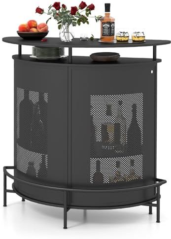 GOPLUS Armario de Bar para el Hogar de 4 Niveles, Mesa de Bar con Encimera Curva y 3 Estantes para Copas, Estantes de Almacenamiento, Panel Frontal de Metal, Reposapiés, Mesa de Bar Industrial