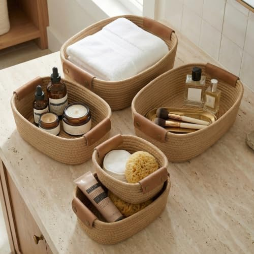 Beautiful Storage Basket Set of 5 - Sturdy Jute Rope Baskets for Shelves