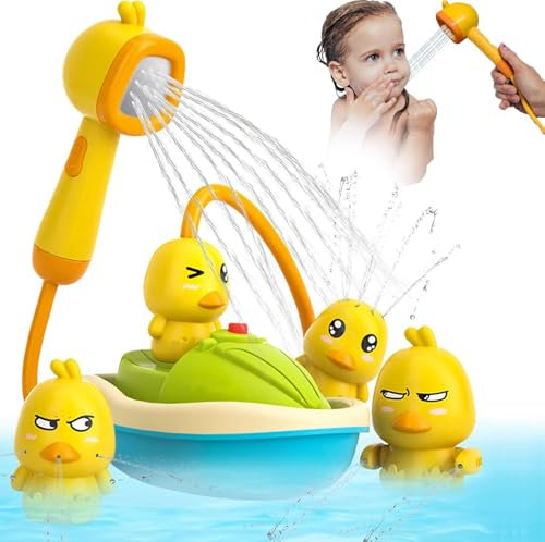Cabezal de Ducha Desmontable Patito para Bebés + 3 juguetes de baño de pato & Bomba de Agua Eléctrica con Barco–Juguetes Acuáticos Educativos para Recién Nacidos–Juegos para Lavado de Cabello Infantil