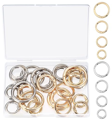 30 Pcs Mosquetones Redondos de Metal Multi-tamaño, Anillos de Resorte, Cierres de Anillos de Resorte Redondos, Llaveros de Resorte Anillas Mosquetones para Bolsos Carteras Manualidades, Oro/Plata