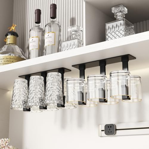 Vaisoeny Wine Glass Holder, 2 Pack Cup hoder, No Drilling Installation Wine Glass Holder Under Cabinet for Dining Room, Kitchen and Bar (Black)