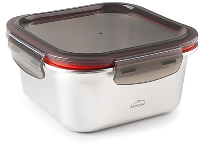 LACOR - 64613 - Ecoinox quadratischer Lebensmittelbehälter, Edelstahl 18/10, 650 ml, Geeignet für Mikrowelle, Backofen, Gefrierschrank und Geschirrspüler, luftdicht, 4 Clipverschlüsse, BPA-frei