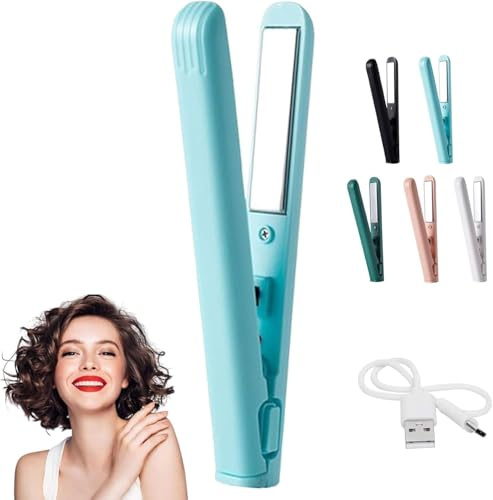 2025 Mini Fer à Friser à Double Usage, Comb Petites Boucles, Mini à Friser Et Fer Plat, Baguette à Friser De Voyage Portable Pour Cheveux Courts Et Tous Types De Cheveux (Bleu)