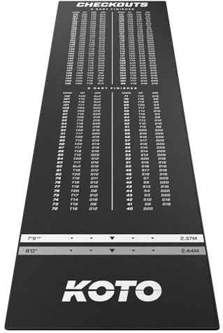 KOTO Dartmatta, checkout-matta, svart, 285 x 80 cm, skyddar golv och dartpilar, med poängindikation och kastlinje (oche)