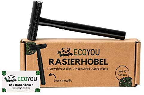 EcoYou Rasierhobel Metall Black inkl. 10 Rasierklingen ZERO WASTE Rasierhobel Damen & Herren, inkl. E-Book Plastikfreier Nassrasierer - Sicherheitsrasierer Umweltfreundlich & Sanft zur Haut