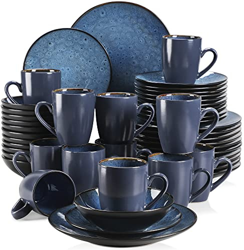 vancasso Bubble Blue Dinner Set, Reactive Glaze Dinnerware Tableware, 48-Piece Dinner Service with 11in Dinner Plate, 8in Dessert Plate, 7in Bowl and 380ml Mug, Service for 12
