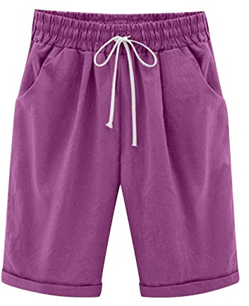oglccg Women Half pant Plus Size Knee Length Cotton Linen Shorts w/ Pockets Summer Solid Beach Vacation Straight Leg Trousers Drawstring Elastic Waist Bermuda Shorts Casual Work Shorts, Purple, 5XL