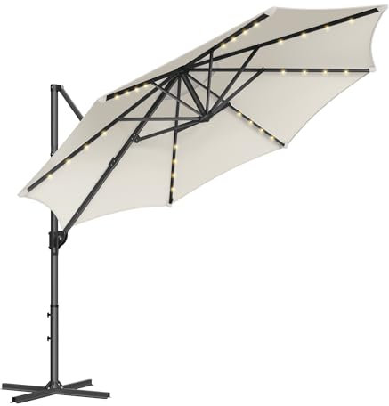 SONGMICS Parasol de Jardin 300 cm, 28 LED Solaires, UPF 50+, Parasol d’Extérieur, Parasol de Terrasse, Pivotant à 360°, Inclinaison Fluide, Manivelle, avec Base en Croix, Blanc Crème GPU047Y11
