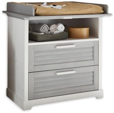 ALMA Praktische Baby Wickelkommode inkl. Wickelaufsatz in Pinie massiv, Weiß / Grau - Vielseitiger Wickeltisch mit viel Stauraum - 99 x 96-106 x 80 cm (B/H/T)