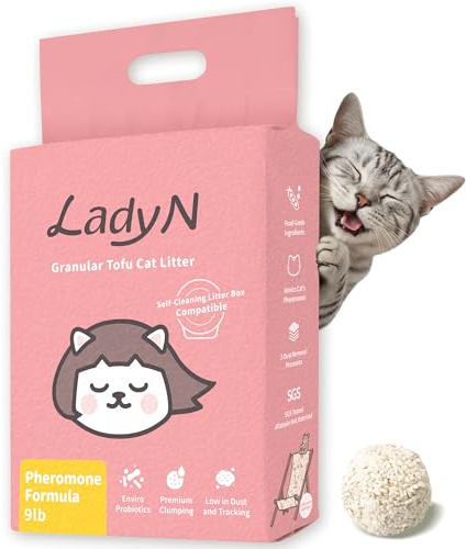 Lady N Cat Attract Tofu Litter – Natural Attractant Formula for Litter Box Training, Calming Pheromone for Multi-Cat Homes, Granular Mini-Pellet Shape for Self-Cleaning Box, 9lb