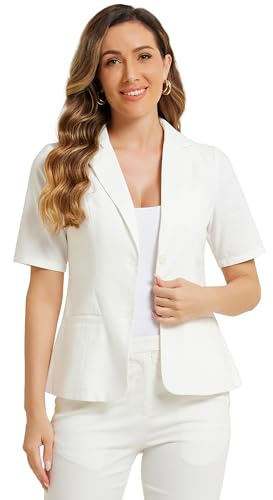 Allegra K Blazer pour femme à manches courtes boutonné sur le devant en coton et lin avec col à revers pour le travail, le bureau