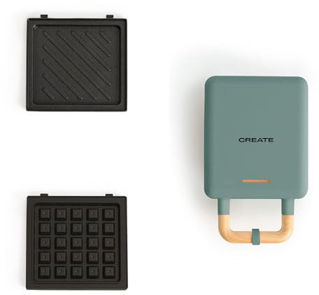 CREATE/STONE STUDIO/Sandwichmaker und Waffeleisen in Salbeigrün / 2 austauschbare Antihaftplatten, 1 Scheibe, 100º Offnung, BPA-frei, 105º Öffnung, Cool-Touch-Griff, 600W
