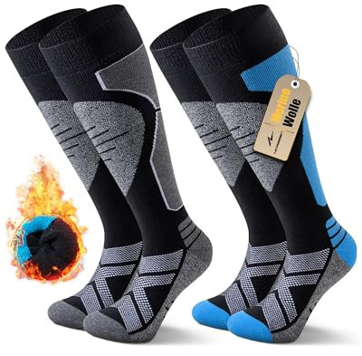 Niorasen 2 Paar Merino Skisocken Herren Damen, Thermo Snowboard Socken, Skistrümpfe mit Polsterung, Wärme Kniestrümpfe für Skifahren, Snowboarden, Outdoor Wintersport, Size L, Schwarz Blau