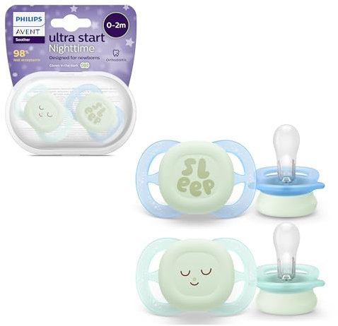 Philips AVENT Ultra Start Schnuller für die Nacht, kiefergerecht geformter Schnuller für Neugeborene, im Dunkeln leuchtend, BPA-frei, mit Sterilisationsbehälter, Doppelpack, grün,blau, SCF075/08