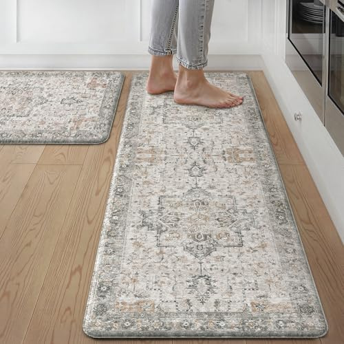 GENIMO Kitchen Mats for Floor 2PCs, Washable Anti Fatigue Mat for Cushioned, 17.3x47+17.3x30, Waterproof Kitchen Rugs, Non Slip Comfort Standing Mat Rug for Home, Sink, Laundry, LightTaupeBrown