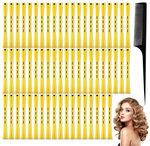 60 Pezzi Aste per Capelli Aste per Onde Fredde, Bigodini Grandi e Piccoli - Set di Bigodini Termici per Capelli Corti e Lunghi, Perfetti per Creare Splendidi Ricci e Onde, Inclusa Pettinatrice(Giallo)