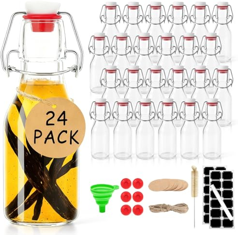 Ruckae 24 Pack 4oz Swing Top Glass Bottles with Lids Kombucha Coquito Flip Top Glass Bottle for Syrup Vanilla Extract Brew Beer Kefir Air Tight Bottles for Gift (4 oz 24 pack)