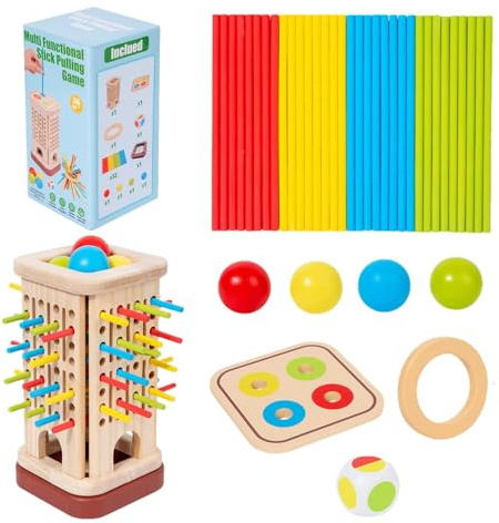 Renchey Jeu De Bâtonnets en Bois,Jouet Éducatif d'apprentissage avec Bâtons Colorés, Dés Et Balles - Jouet Éducatif pour Apprentissage des Couleurs Et Motricité Fine pour D'Âge Préscolaire