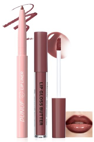 Prreal Lot de 2 rouges à lèvres marron et gloss au beurre, crayon à lèvres mat avec huile hydratante, longue durée, imperméable, lisse et soyeux, 03