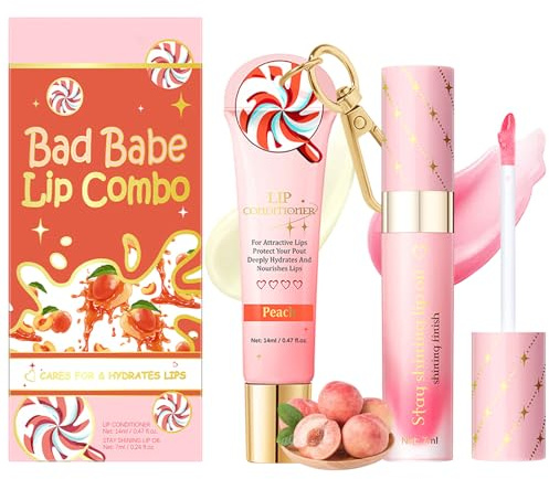 Lip Conditioner & Lip Oil Set, Peach Lip Care Duo Set, Lip Gloss Balm Multipack for Dry and Chapped Lips, Moisturizing Gifts Set For Teenage Girls (Peach)