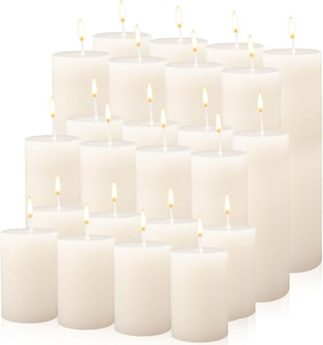 Lot de 24 Bougies Piliers Ivoire Non Parfumées, 3 Tailles, Bougies Blanches Anti-goutte et Sans Fumée pour Mariage, Cérémonie, Veillée, Urgence, Décoration Maison, 24/45/60h de Combustion