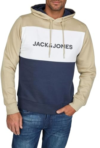 JACK & JONES JWHLOGO - Sudadera con capucha para hombre con estampado de bloqueo de bloqueo regular y talla grande, color verde, azul, beige, azul marino, S, M, L, XL, XXL, 3XL, 4XL, 5XL, 6XL, 7XL