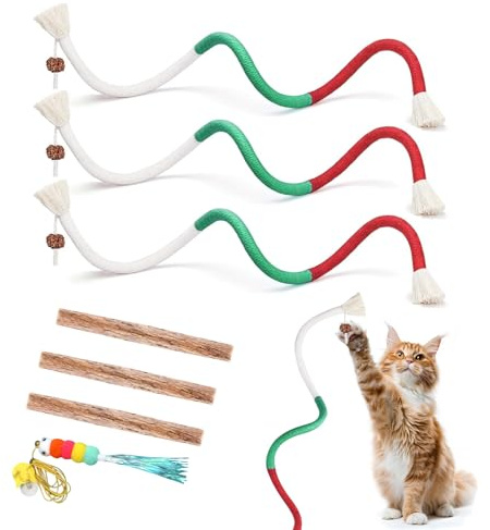 ZWWOGE Set Giochi Interattivi per Gatti 3 Pezzi con Erba Gatta e Corda da Masticare, Giocattolo per Animali Domestici al Coperto, Allevia Ansia e Pulizia dei Denti