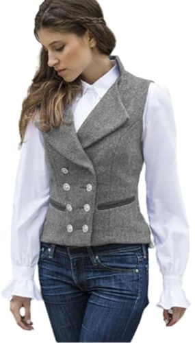 CAMDOM Gilet de costume vintage années 50 pour femme - Tweed Slim Fit - Col en V - Manteau à double boutonnage avec poches - Sans manches - Vestes blazer, gris, L