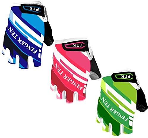 FINGER TEN Kids Junior Cycling Gloves Outdoor Sport Road Mountain Bike Pair, Fit Boy Girl Youth Age 2-10, Gel Padding Bicycle Half Finger Pair (Pink, Large)