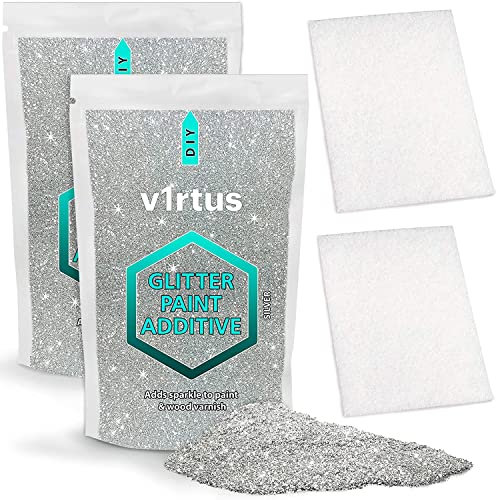 v1rtus Silver Glitter Paint Additive [200g] plus 2 x Finishing Buffing Pads | Mix with Any Emulsion Paint | Luminous Finish on Interior or Exterior Walls, Ceilings, and Wood
