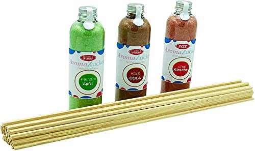Zucker für Zuckerwatte 3 x 230 Gramm für Zuckerwattemaschine Inklusive 50 Zuckerwattestäbe (Set 2 Apfel, Cola, Kirsche + 50 Stäbe)