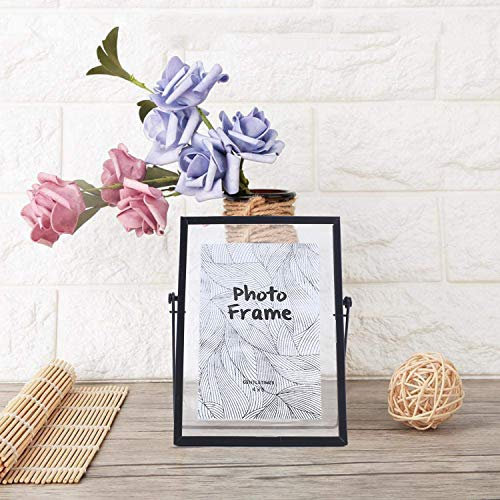 aleawol Black Vintage Picture Glass Photo Frame, Metal Geometric Picture Frame Rectangle Desk Vertical Floating 4x6” with Stand Photo Display for Table Top Decoration