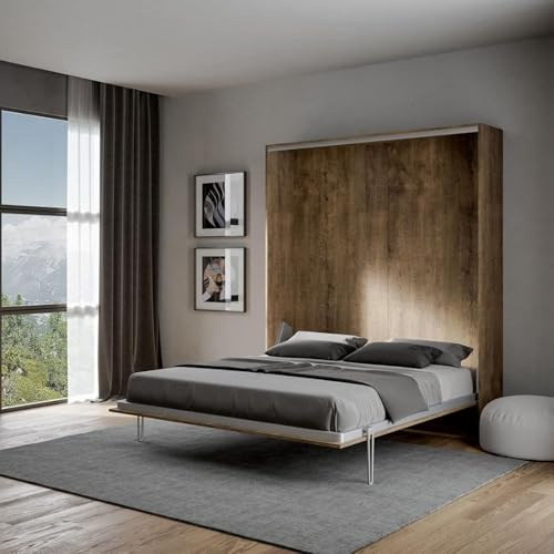 IMAGO FACTORY Kento – Mueble cama abatible de matrimonio y plegable de pared, colchón no incluido, cama de matrimonio desmontada, fabricada en Italia (nogal)