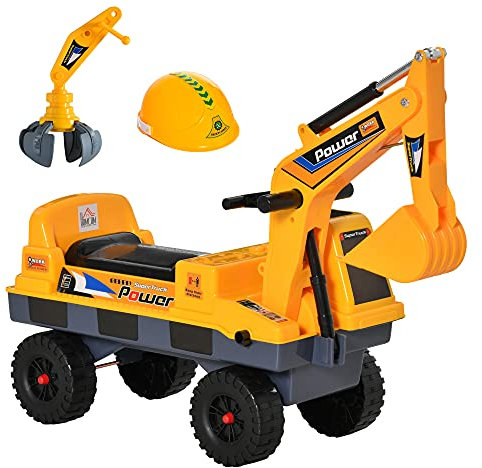 HOMCOM 2 in 1 Ride on Excavator Digger No Power Detachable Digging Bucket and Grab Bucket Music Light for 2-3 Years Old