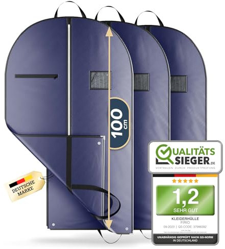 FiRiO® 3 x Premium Kleidersack - BIS 50% DICKERES MATERIAL - Faltbare Kleidersack Reisetasche - Business Anzugtasche - Atmungsaktive Kleiderhülle für Reise & Aufbewahrung - Kleidersäcke 100x60cm
