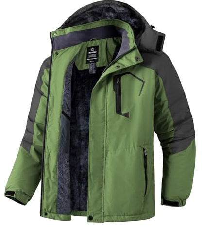 Wantdo Herren Berg Ski Jacke Warmer Winter Fleece Mantel Wasserdichter Atmungsaktive Jacke Outdoor Kapuzen Windbreaker Jacken Grün XL