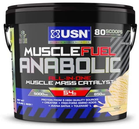 USN Muscle Fuel Anabolic All-In-One Muscle Mass Gainer, Vanilla Flavour - 4kg, 54g Protein Powder, 5g Creatine Powder & 5g BCAA Powder For Maximum Muscle Growth, Post Workout Recovery Drink Mix