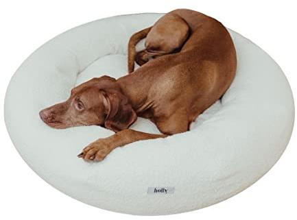 Holly Hundebett - Kratzfest, waschbar, langlebig - Luxuriöser Bouclé Stoff - Donut Hundebett in Cocoon Design - Ideale Unterstützung für Hals & Wirbelsäule - Hochwertiges Interior (L, Creme)