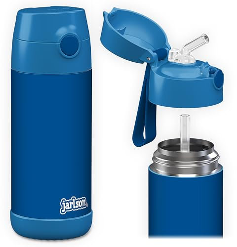 Jarlson® Trinkflasche Kinder Edelstahl CHARLI mit Strohhalm - Thermosflasche 350ml - TÜV geprüft - BPA frei - auslaufsicher - Thermo Wasserflasche für Schule, Kindergarten - Blau, 350 ml