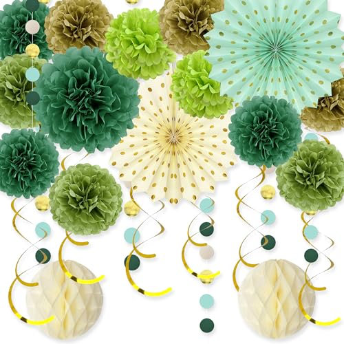 SHEPIN Party Deko, 23 Stück Grün Geburtstagsdeko und Hochzeitsdeko, Wiederverwendbare Wabenkugeln Fächer Goldene Spiral Girlanden Pompons Deko, Hochzeit Geburtstag Frauen und Gartenparty Deko