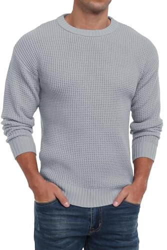QIXING Men's Cable Knit Jumper Crew Neck Sweater Soft Casual Long Sleeve Textured Knitwear Tops for Men UK (Gray, XL)