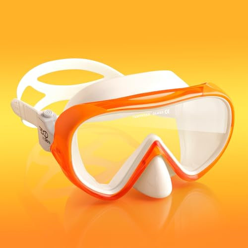 Kinder Taucherbrille 180° Panorama Kind Schnorchelmaske, Anti Nebel Tauchmaske gehärtetes Glas Schwimmmaske Junge Silikon Tauchermaske Mädchen Schwimmbrille mit Nasenabdeckung 4-16 (Orange)