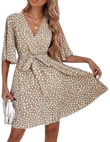 BSLVWG Robe longue à volants pour femme, manches courtes, col en V, motif de pétales et de fleurs, fluide, pour l'été, la plage, les vacances, décontractée, Kaki-1., M